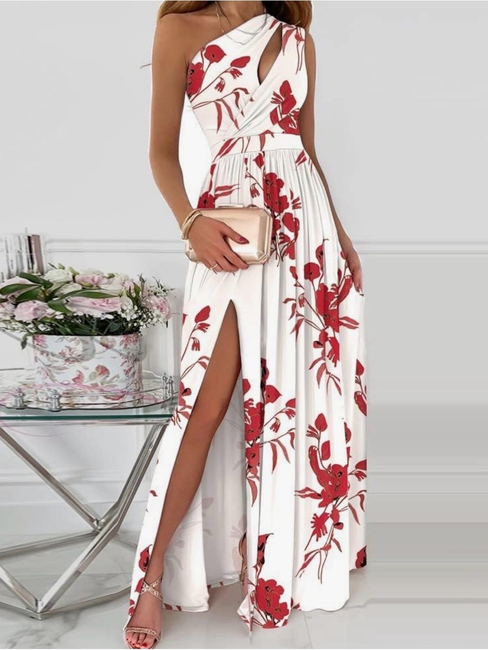 One-Shoulder White Maxi Dress with Red Floral Print
